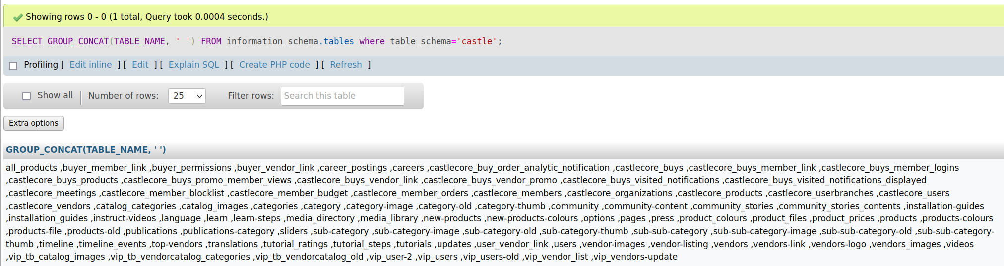 A screenshot of the existing database coluumns