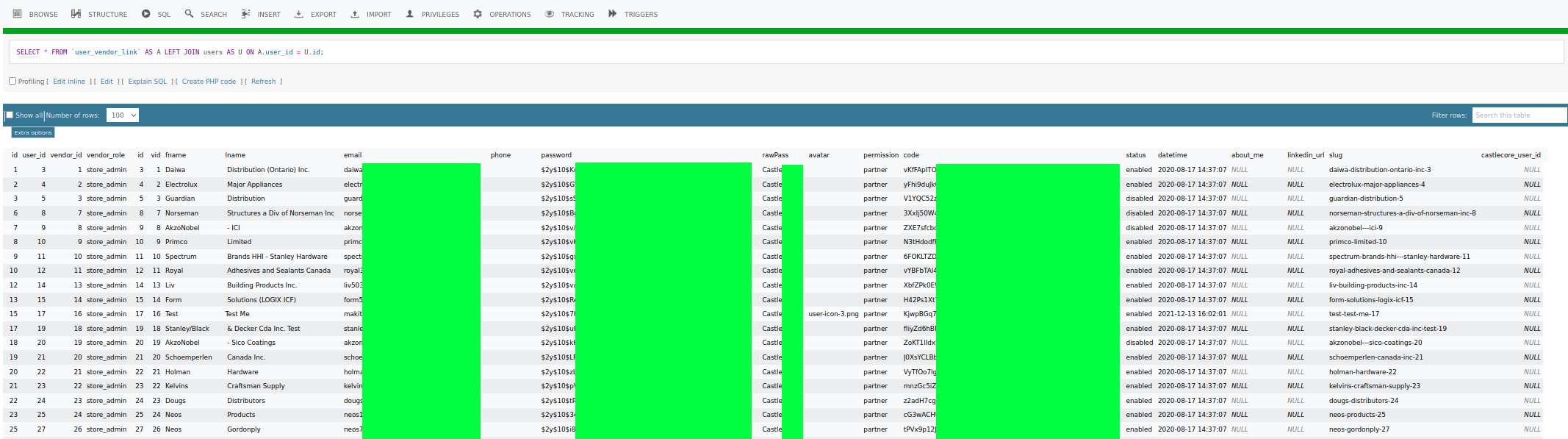 A screenshot of the redacted user-vendor list