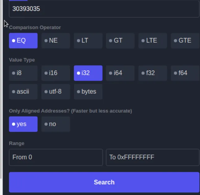 Screenshot of the memory search system.