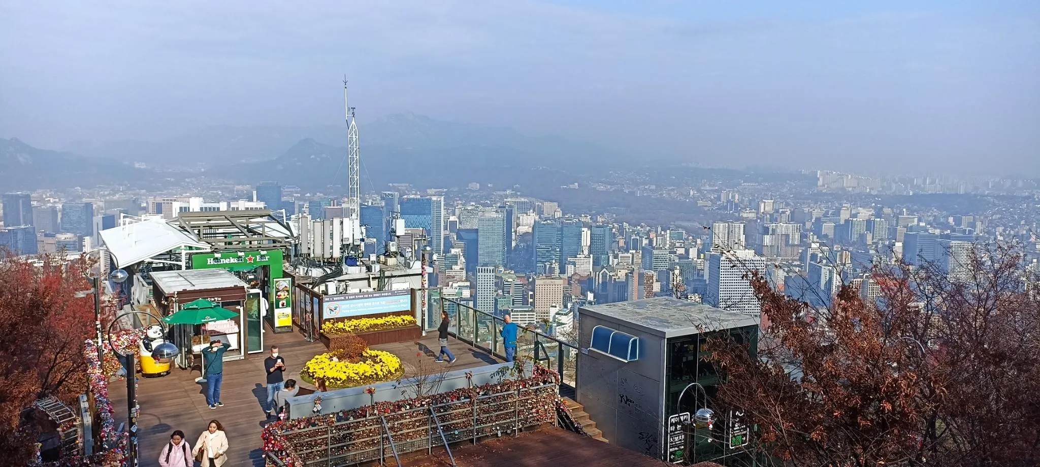 Picture of the view of center Seoul and the platform at the top of the stair climb