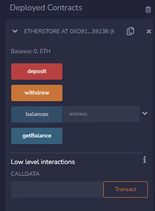 Screenshot of the EtherStore contract holding 10 ETH