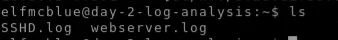 A screenshot of the terminal output of the 'ls' command, revealing two files titled 'SSHD.log' and 'webserver.log'