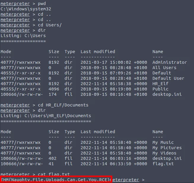 Screenshot of the flag in the HR Elf's Documents directory