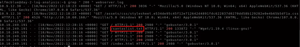 A successful request on a file titled 'santaslist.txt'