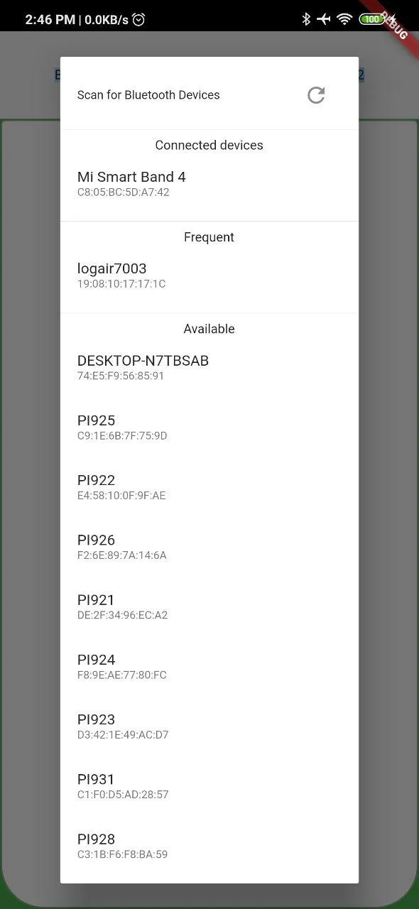 screenshot of a phone displaying the app showing a bluetooth connection screen