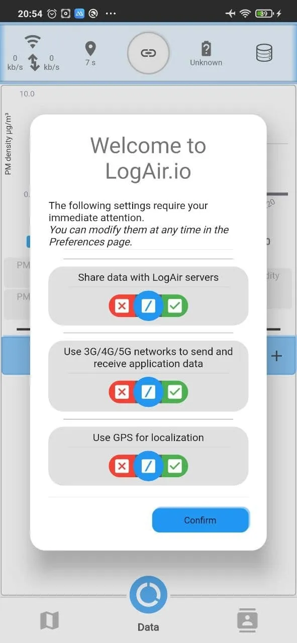 screenshot of a phone displaying the app showing the first run privacy options
