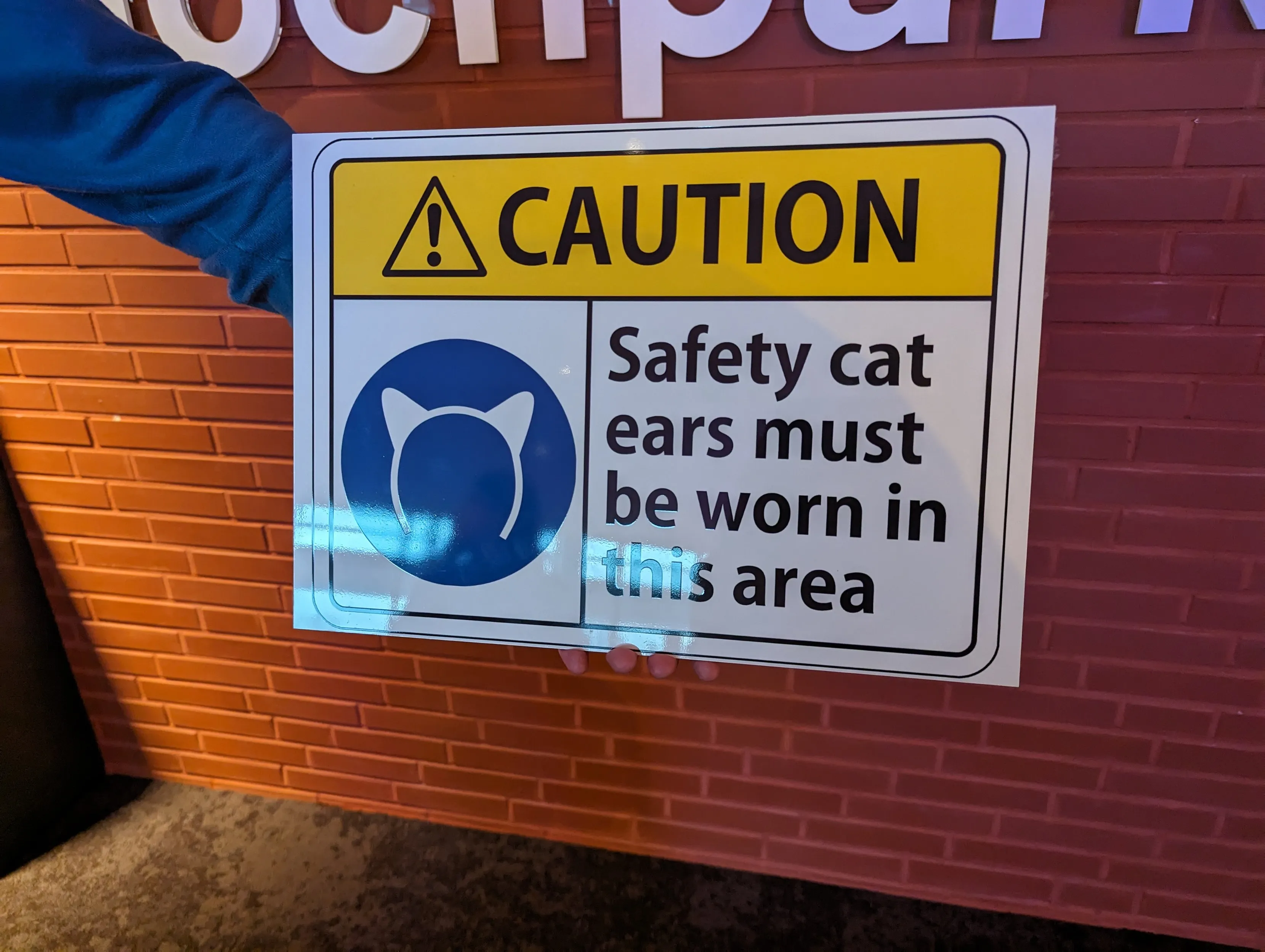 A sign titled "CAUTION", with the description "Safety cat ears must be worn in this area"