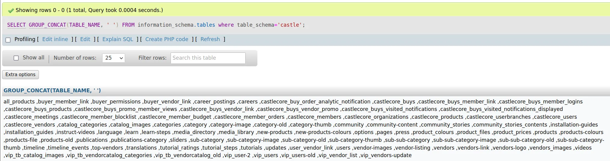 A screenshot of the existing database columns