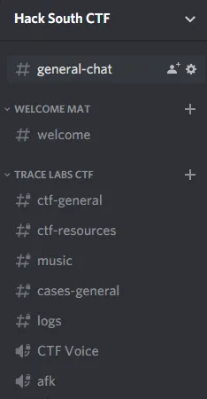 A snapshot of our Discord channel layout in our CTF server