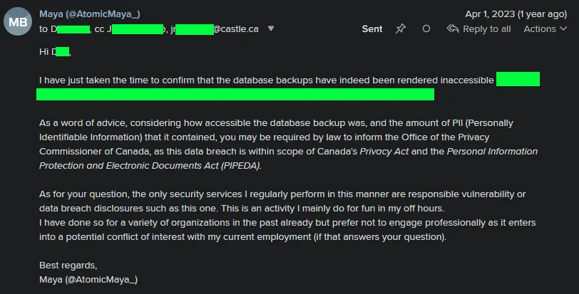 A screenshot of an email