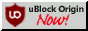 the 'ublock' logo on the left, with the text 'ublock Origin Now!' on the right. 'Now!' is written in red and stylized differently to add impact.