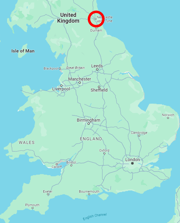 Map of England, with Newcastle upon Tyne circled in red