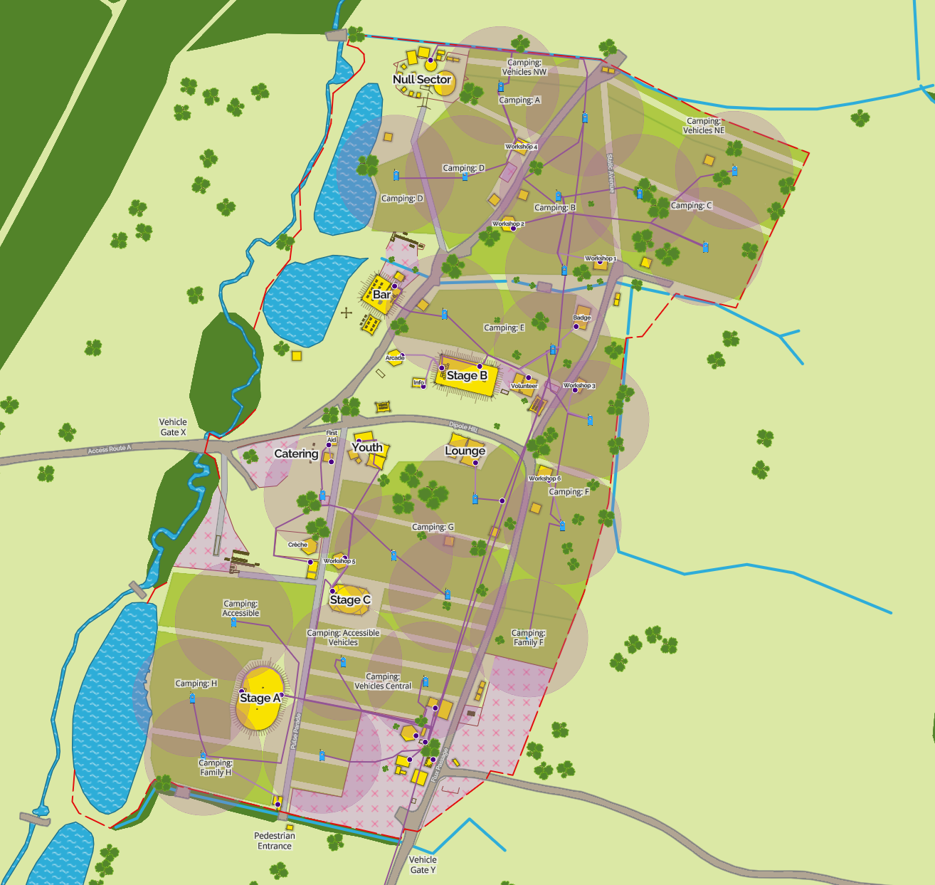 A map of the EMF campgrounds, specifically with the NOC cable and DK layout