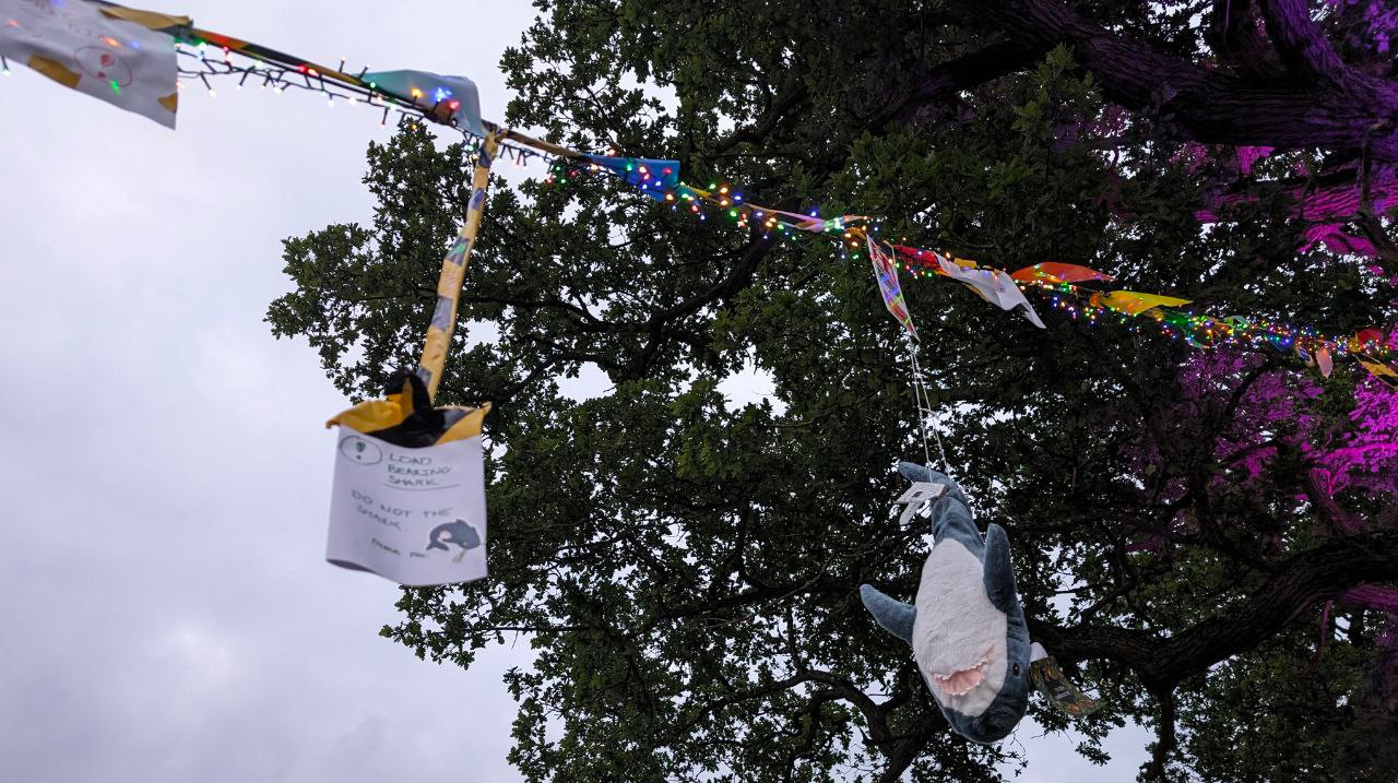 A shark is seen hanging from an Ethernet copper cable, itself sporting many colorful decorations and lights. A piece of paper reads "LOAD BEARING SHARK" followed by "DO NOT THE SHARK" and "THANK YOU"