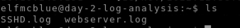 A screenshot of the terminal output of the 'ls' command, revealing two files titled 'SSHD.log' and 'webserver.log'