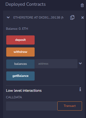 Screenshot of the EtherStore contract holding 10 ETH