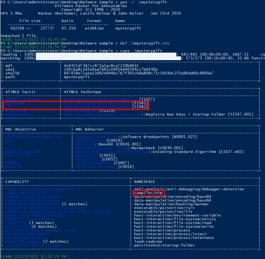 Screenshot of the 'upx' command output.