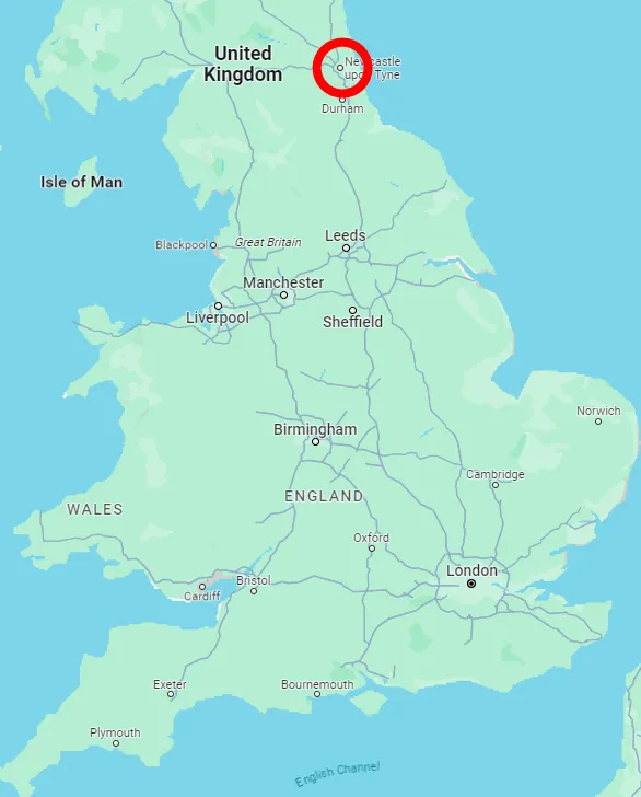 Screenshot of a map of England, with Newcastle upon Tyne circled in red