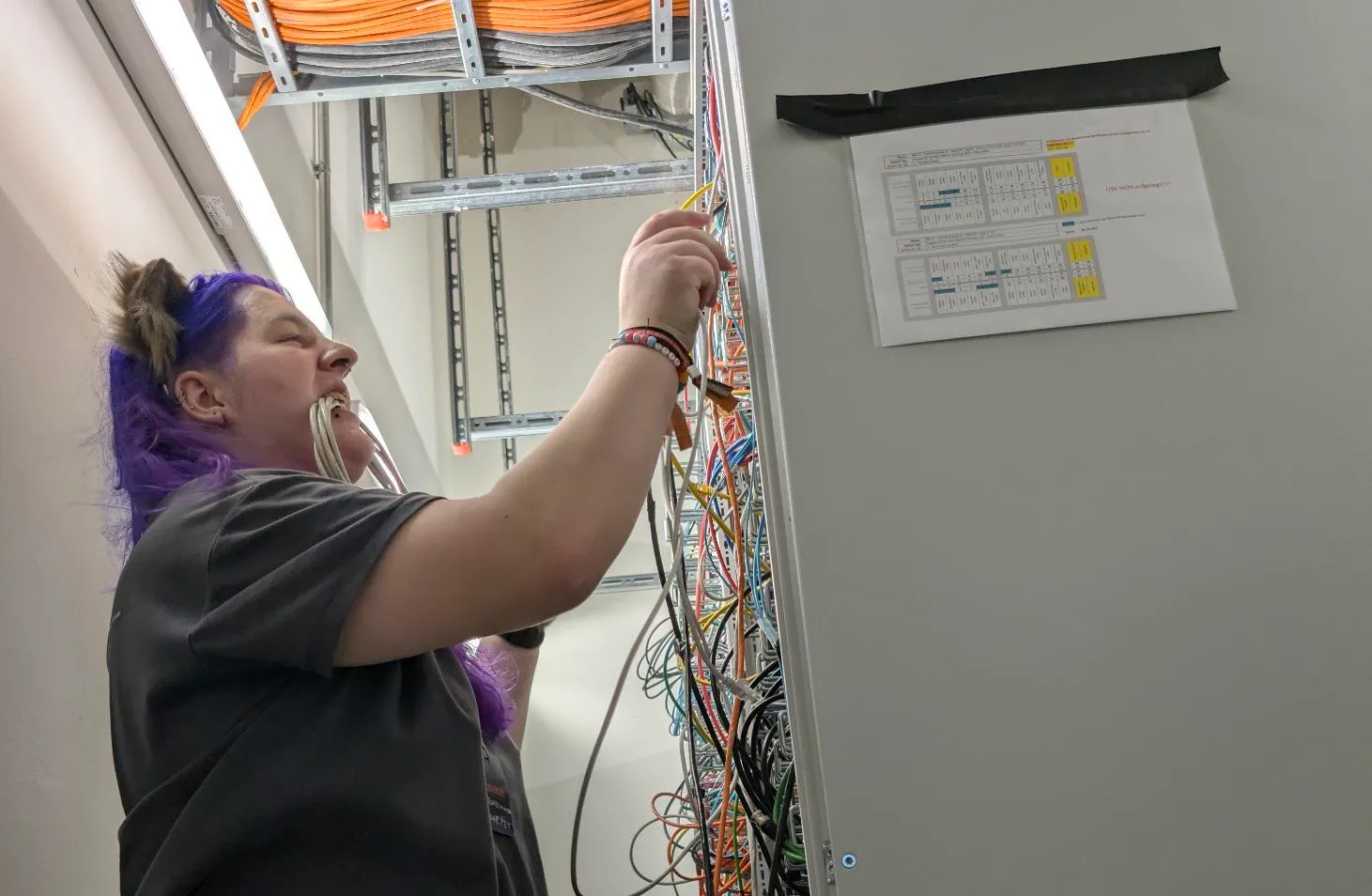 picture of maya plugging in cables in a patch room, it has a spare copper cable in its mouth