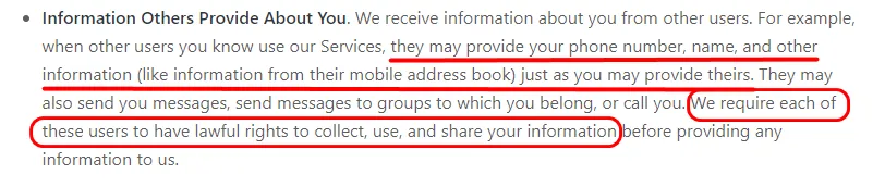The new privacy policy with the relevant passage underlined