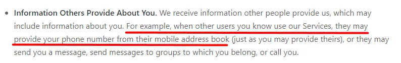 The original privacy policy with the relevant passage underlined