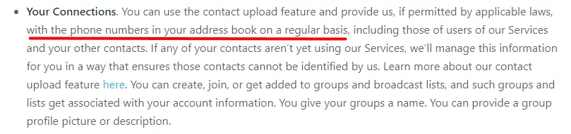 The new privacy policy with the relevant passage underlined