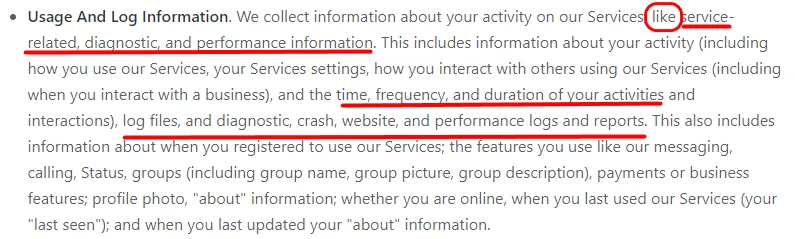 The new privacy policy with the relevant passage underlined