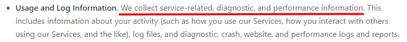 The original privacy policy with the relevant passage underlined