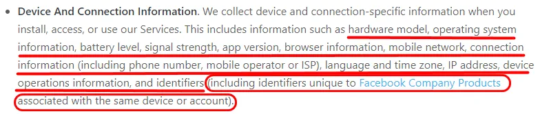 The new privacy policy with the relevant passage underlined